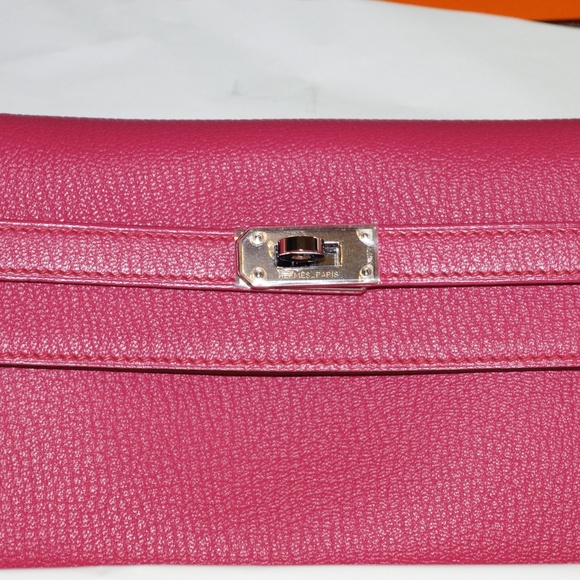 Hermes rose shocking pink goat leather palladium Kelly wallet new w box - Picture 1 of 1